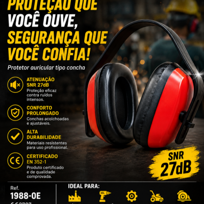 Protetor auricular tipo concha preto e vermelho com texto sobre proteção e características técnicas