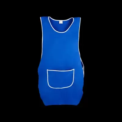 Avental azul com contorno branco e bolso frontal