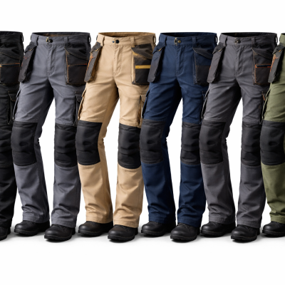 Sete calças de trabalho reforçadas em várias cores alinhadas sobre fundo branco