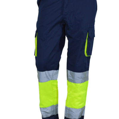 Calças de trabalho bicolores azul escuro e amarelo fluorescente com faixas refletoras.