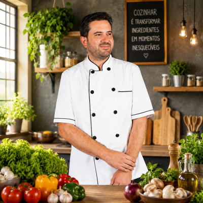 Chef de cozinha com uniforme branco a sorrir, com vegetais frescos numa mesa de madeira