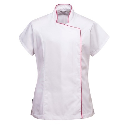 Casaco de cozinha branco com gola alta e linhas rosas