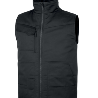 Colete preto sem mangas com fecho e bolsos
