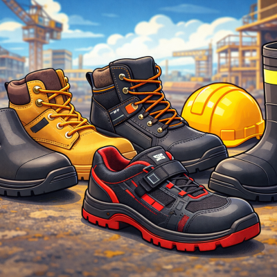 Calçado de segurança e capacete amarelo num ambiente de construção