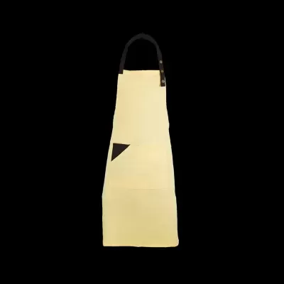 Avental amarelo com alças castanhas e bolso frontal
