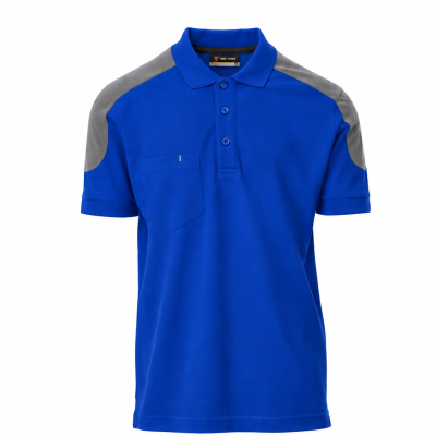 Polo azul com ombros cinzentos e bolso no peito