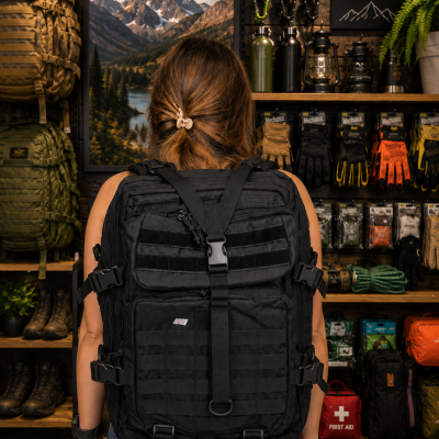 Mochila táctica preta vista de costas com equipamentos de outdoor numa loja