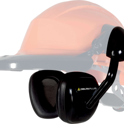 Protetores auriculares pretos DELTAPLUS com capacete de segurança laranja