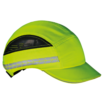 Boné verde fluorescente com faixa refletora e malha preta para ventilação
