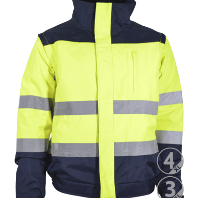 Casaco de alta visibilidade amarelo fluorescente e azul escuro com faixas refletoras cinzentas