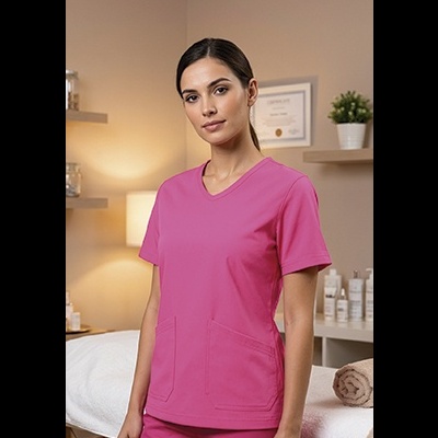 Pessoa com uniforme médico rosa em clínica com produtos e decoração