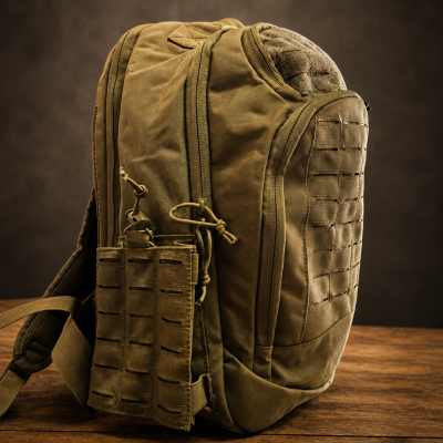 Mochila tática verde oliva com múltiplos compartimentos e bolsos, sobre madeira