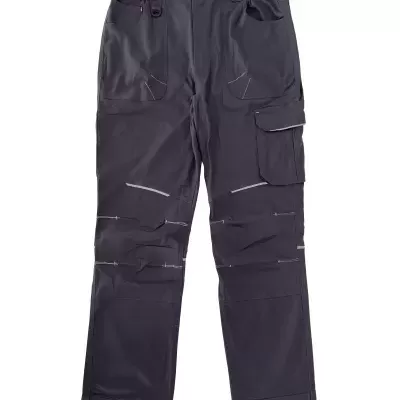 Calças de trabalho pretas com bolsos e detalhes refletores