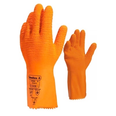 Luvas de proteção industriais laranja com texto e símbolos impressos