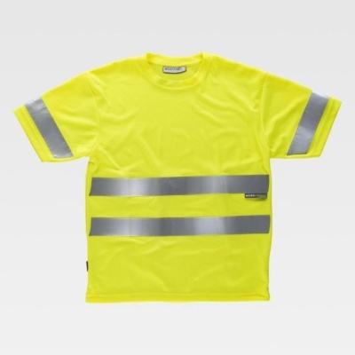T-shirt amarela de alta visibilidade com faixas refletoras cinzentas