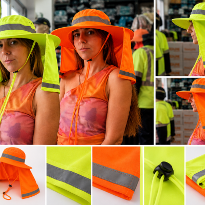 Chapéus de segurança fluorescentes amarelo e laranja com proteção para o pescoço e faixa refletora