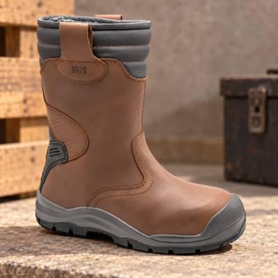Bota castanha de trabalho com sola e biqueira cinza e etiqueta SWS