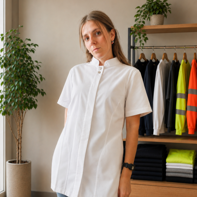 Blusa branca de manga curta com gola mandarim em ambiente interior