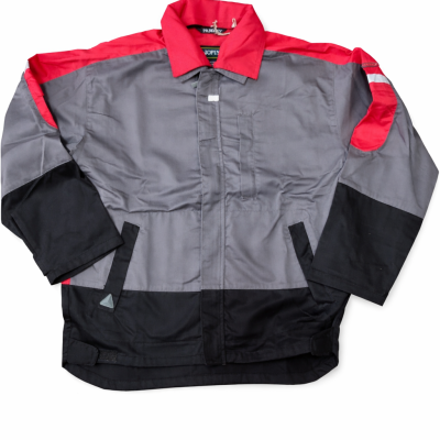Casaco de trabalho cinza, vermelho e preto com bolsos e colarinho vermelho