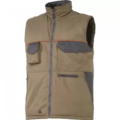 Colete de trabalhador bege e cinzento com bolso e fecho