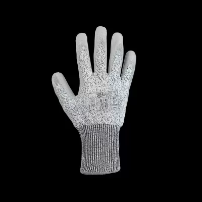 Luva de proteção cinza claro com punho tricotado cinza escuro e texto impresso.