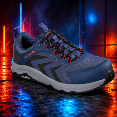 Tênis de segurança Skechers azul escuro com detalhes laranja e sola cinzenta em ambiente iluminado