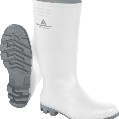 Botas de borracha brancas com sola cinzenta e texto DELTAPLUS PHYSIOHC OB