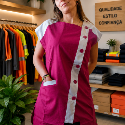 Blusa de trabalho rosa com faixas brancas e botões rosa, usada por mulher em loja de roupas