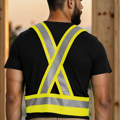 Homem de costas com colete de segurança reflexivo amarelo e cinzento no local de construção