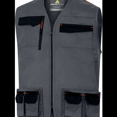 Colete cinza DELTAPLUS com múltiplos bolsos e detalhes em preto e laranja