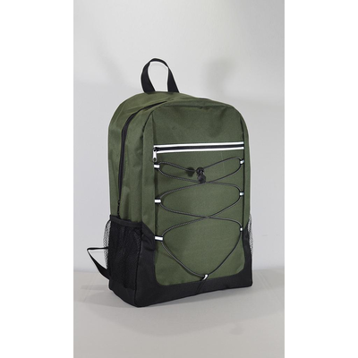 Mochila verde e preta com bolso elástico frontal e lateral de rede