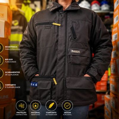 Casaco de trabalho preto com bolsos e etiquetas, em armazém de calçado.
