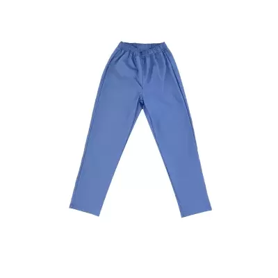 Calças azuis com cós elástico vistas sobre fundo branco