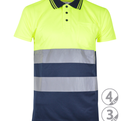 Polo de alta visibilidade amarelo fluorescente com faixas refletoras cinzentas e parte inferior azul escuro