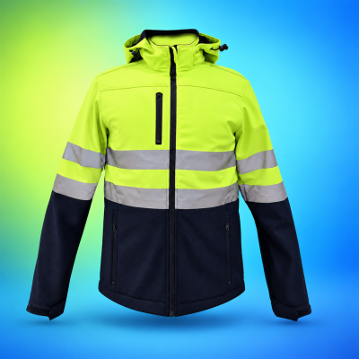 Casaco de alta visibilidade amarelo fluorescente e azul escuro com faixas refletores cinzentas e capuz