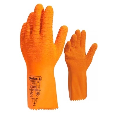 Luvas de borracha laranja Venitex com textura antiderrapante e símbolos de certificação
