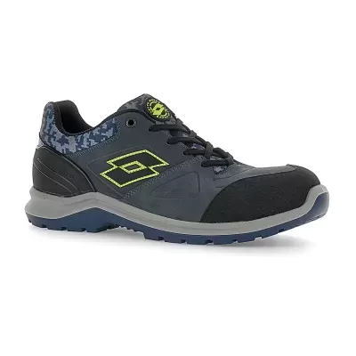 Tênis desportivo azul escuro com detalhes pretos e cinzentos e sola azul e cinzenta