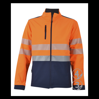 Casaco alta visibilidade laranja com faixas refletoras prateadas e parte inferior azul escuro