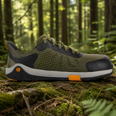 Ténis desportivos verde militar com detalhes a preto, branco e laranja, sobre musgo numa floresta