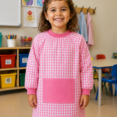 Menina sorridente a usar camisola xadrez rosa e branco com bolso rosa na sala de aula