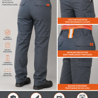 Calça de trabalho cinza escuro com bolsos e detalhes refletivos