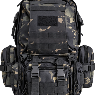 Mochila militar camuflada preta com vários bolsos e fivelas