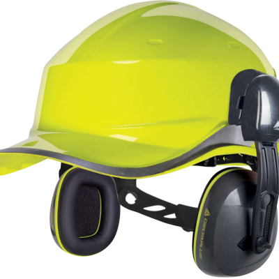 Capacete de segurança amarelo neon com proteção auditiva preta acolchoada.
