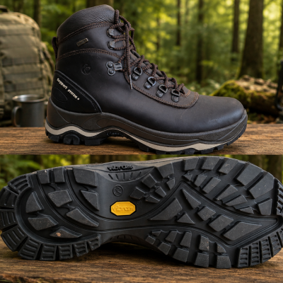 Bota de caminhada castanha em couro com sola Vibram preta