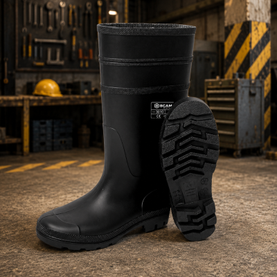 Botas de borracha pretas para trabalho com sola antiderrapante em ambiente industrial