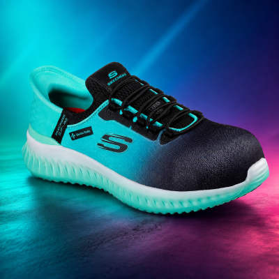 Ténis Skechers azul e preto com sola branca em fundo colorido