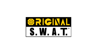 Logotipo com texto ORIGINAL em amarelo e S.W.A.T. em preto sobre fundos preto e branco