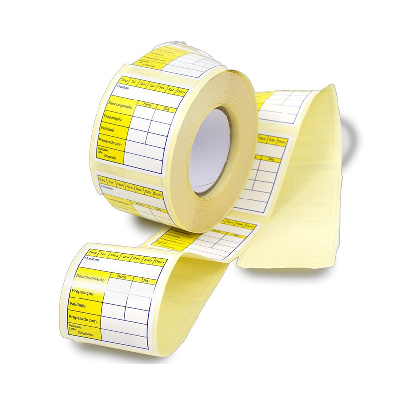 Rolo de etiquetas amarelas e brancas com campos para preenchimento e texto em português