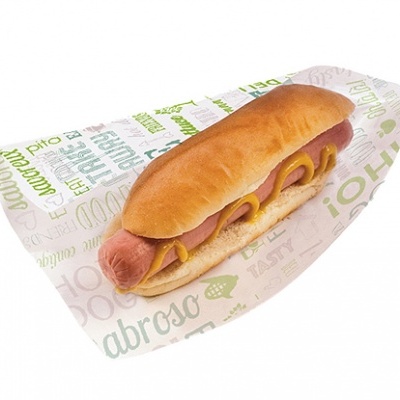 Hot dog com salsicha e mostarda em pão sobre papel com texto colorido