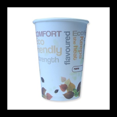 Copo descartável de papel com palavras e decoração de folhas coloridas